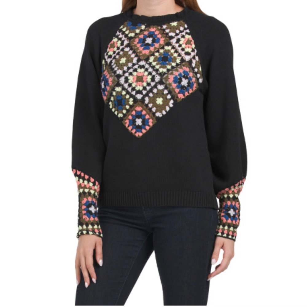 H by Halston Black Granny Square Sweater